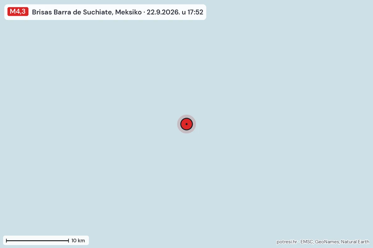Karta: okolica epicentra, 60 km, potres M4,3, Brisas Barra de Suchiate, Meksiko, 22.9.2026.