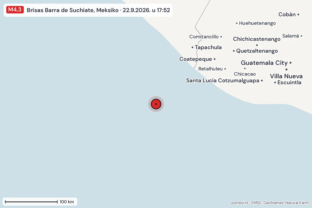 Karta: šire područje, 600 km, potres M4,3, Brisas Barra de Suchiate, Meksiko, 22.9.2026.