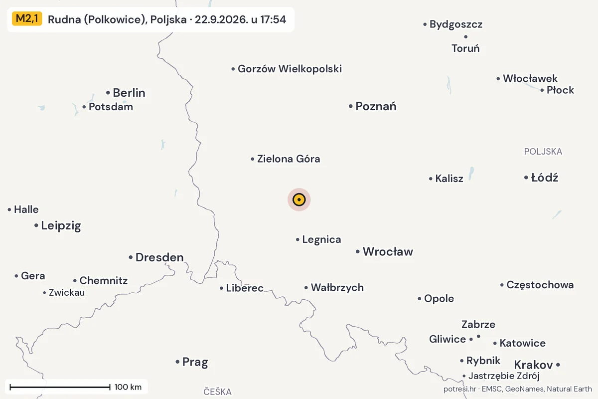 Karta: šire područje, 600 km, potres M2,1, Rudna (Polkowice), Poljska, 22.9.2026.