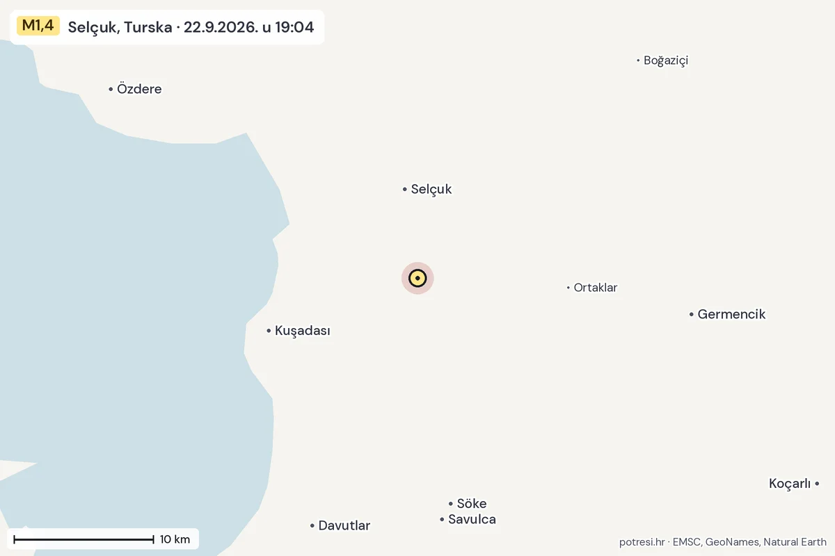 Karta: okolica epicentra, 60 km, potres M1,4, Selçuk, Turska, 22.9.2026.