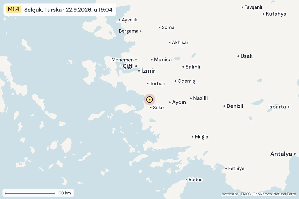 Karta: šire područje, 600 km, potres M1,4, Selçuk, Turska, 22.9.2026.