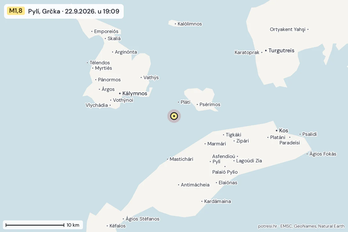 Karta: okolica epicentra, 60 km, potres M1,8, Pylí, Grčka, 22.9.2026.