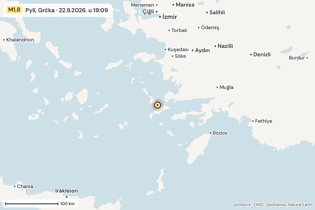 Karta: šire područje, 600 km, potres M1,8, Pylí, Grčka, 22.9.2026.