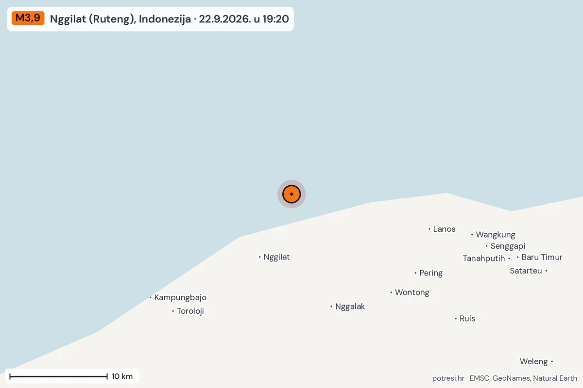 Karta: okolica epicentra, 60 km, potres M3,9, Nggilat (Ruteng), Indonezija, 22.9.2026.