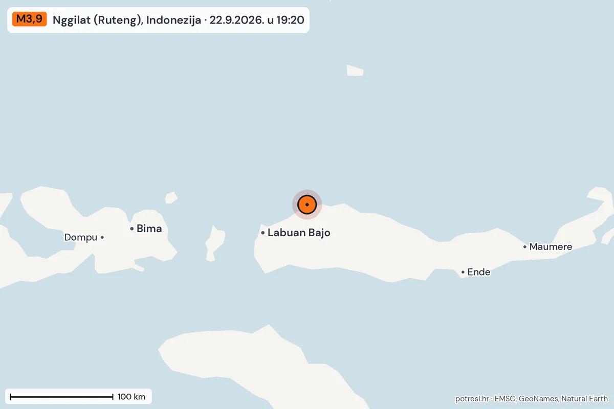 Karta: šire područje, 600 km, potres M3,9, Nggilat (Ruteng), Indonezija, 22.9.2026.