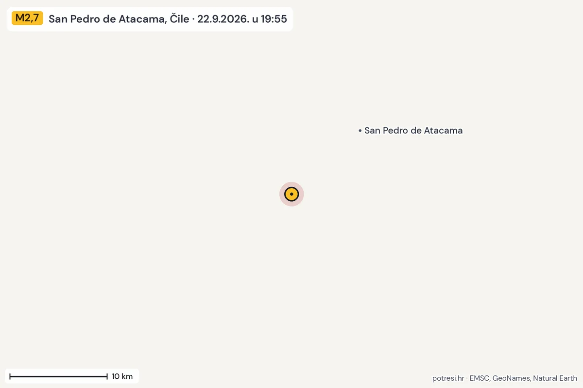 Karta: okolica epicentra, 60 km, potres M2,7, San Pedro de Atacama, Čile, 22.9.2026.