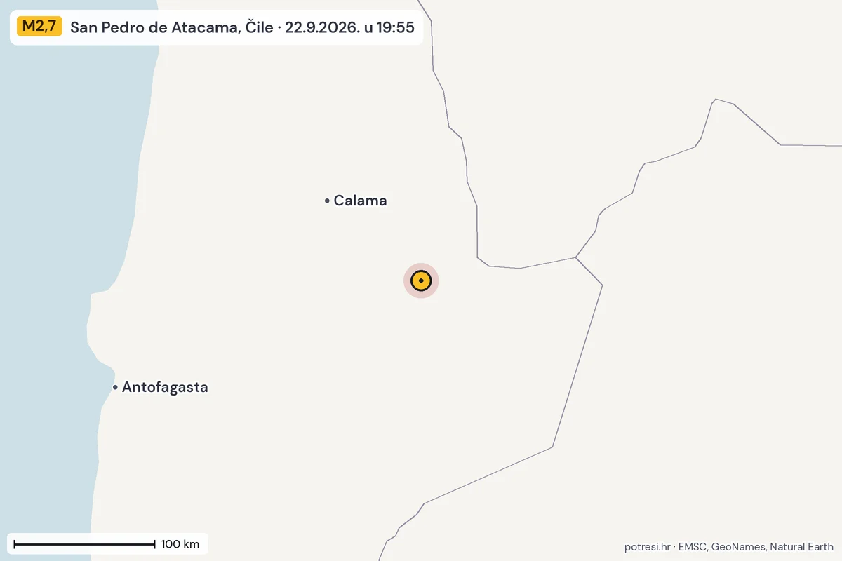 Karta: šire područje, 600 km, potres M2,7, San Pedro de Atacama, Čile, 22.9.2026.