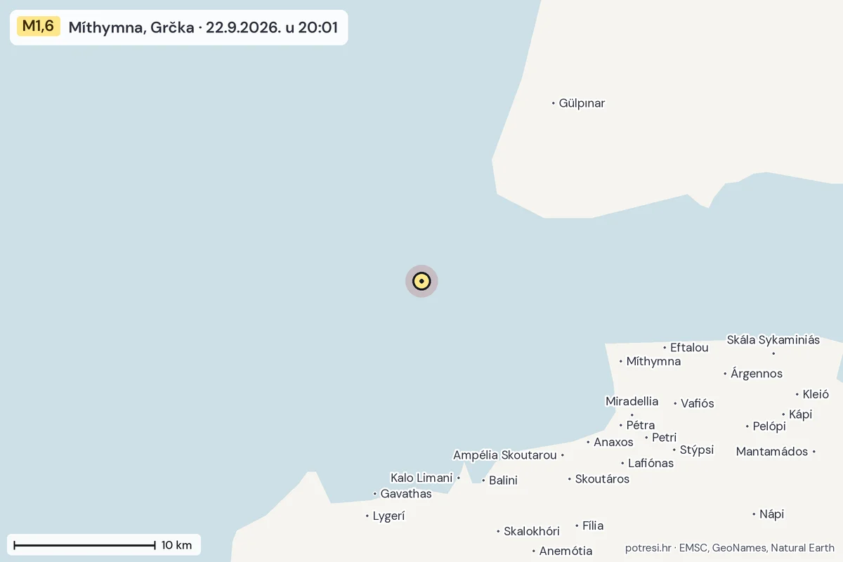 Karta: okolica epicentra, 60 km, potres M1,6, Míthymna, Grčka, 22.9.2026.