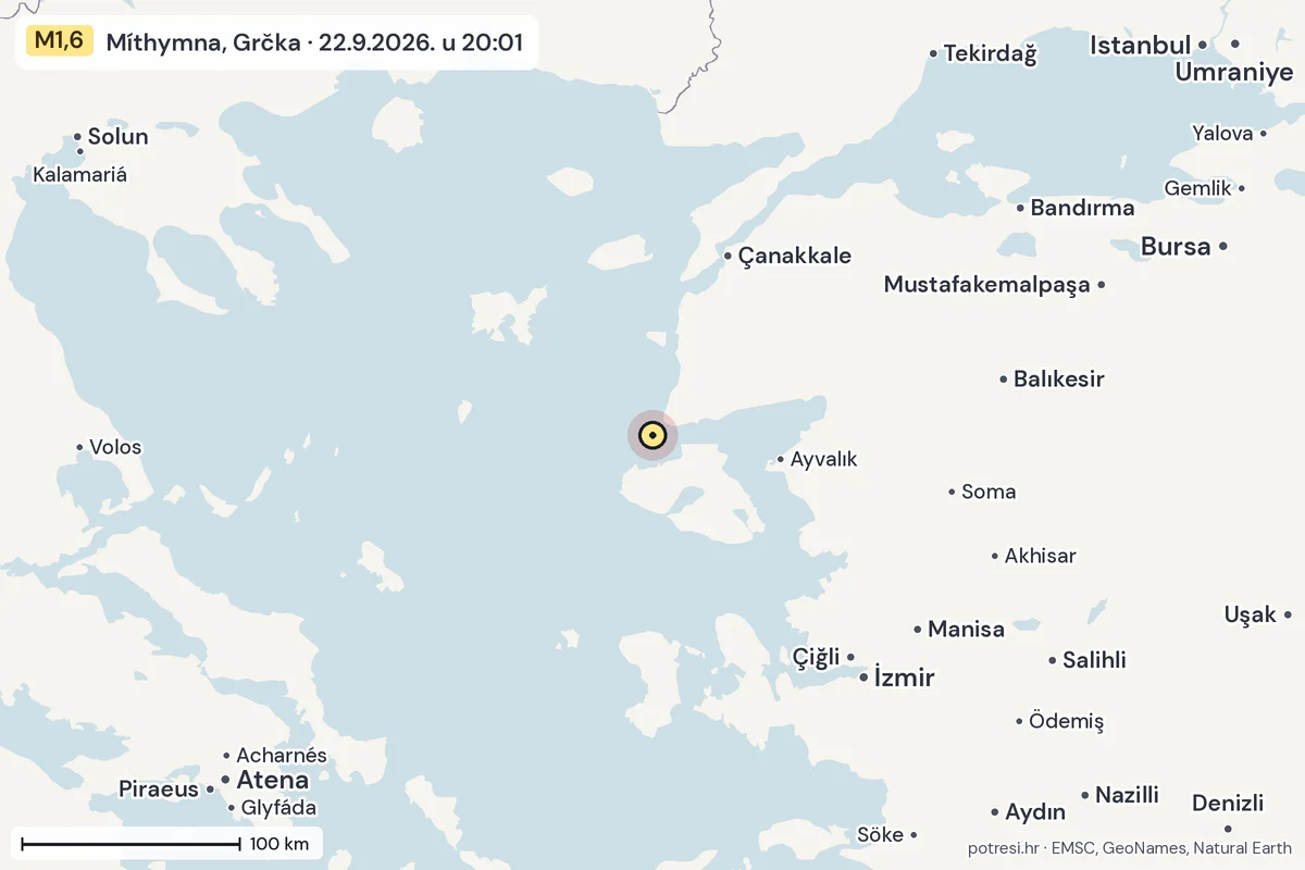 Karta: šire područje, 600 km, potres M1,6, Míthymna, Grčka, 22.9.2026.