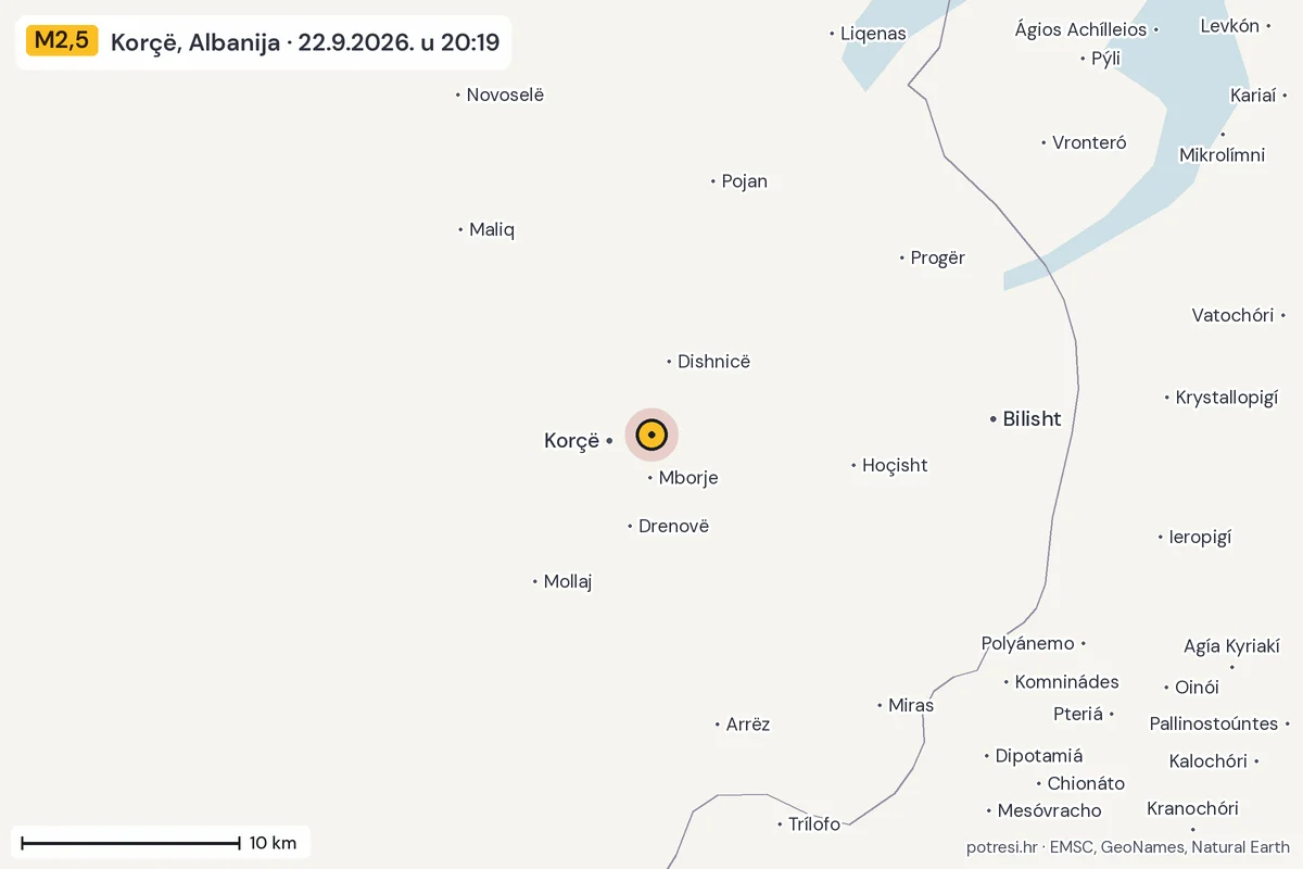 Karta: okolica epicentra, 60 km, potres M2,5, Korçë, Albanija, 22.9.2026.