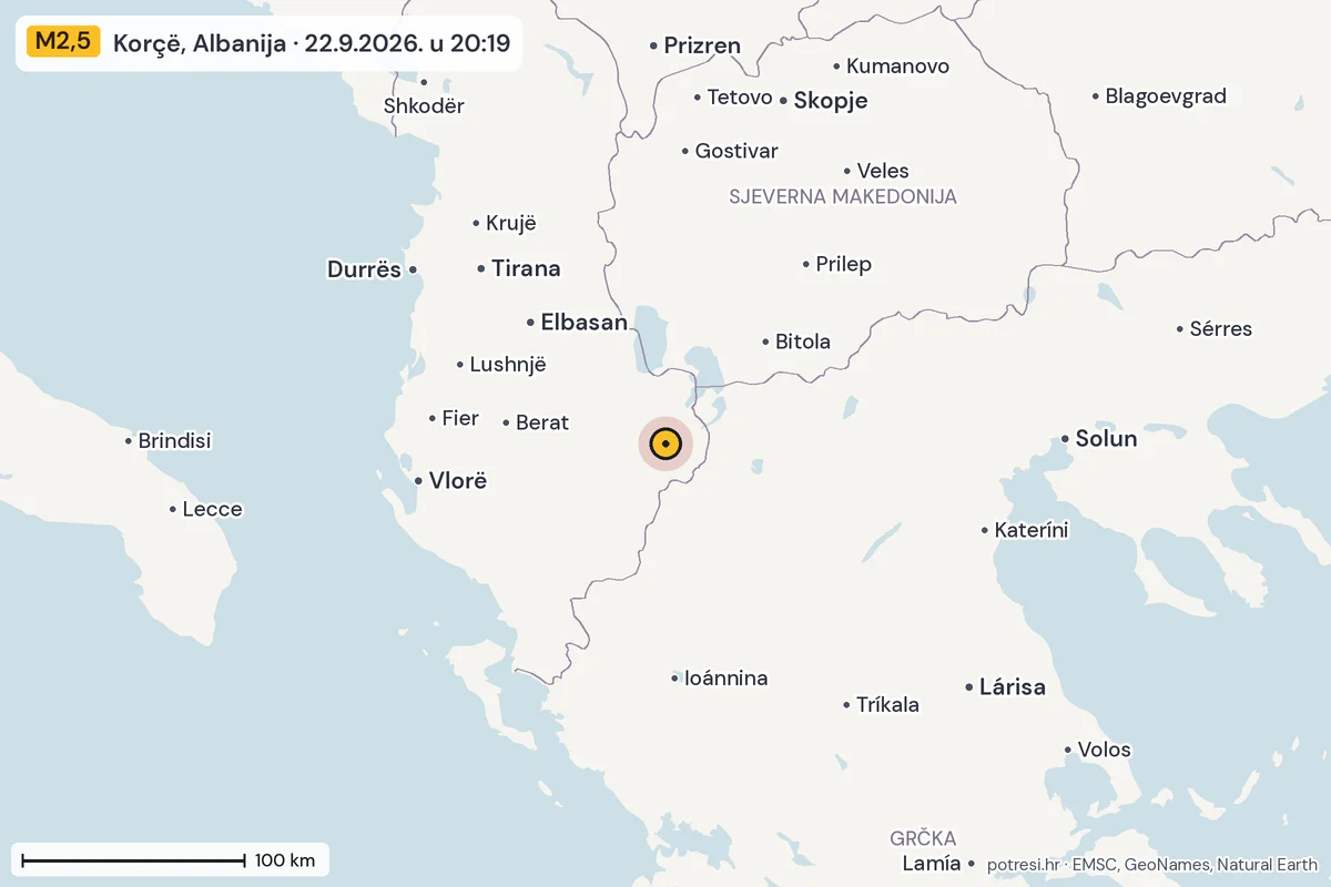 Karta: šire područje, 600 km, potres M2,5, Korçë, Albanija, 22.9.2026.
