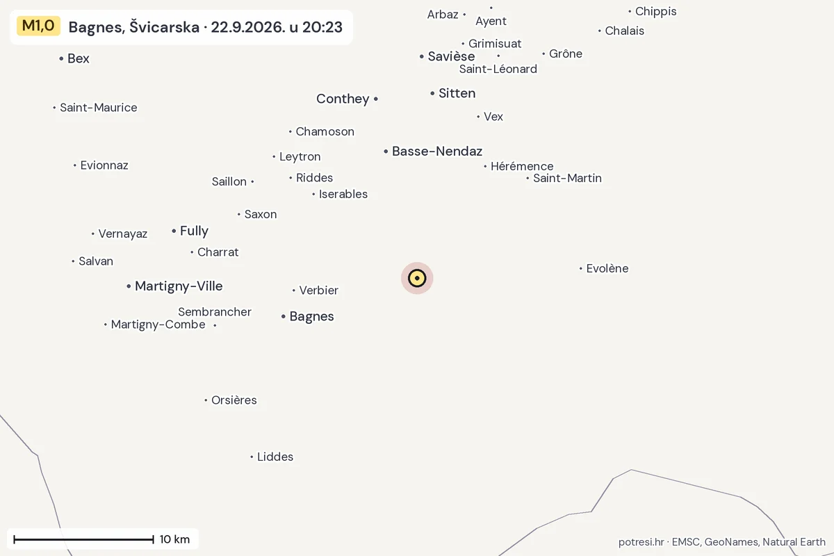Karta: okolica epicentra, 60 km, potres M1,0, Bagnes, Švicarska, 22.9.2026.