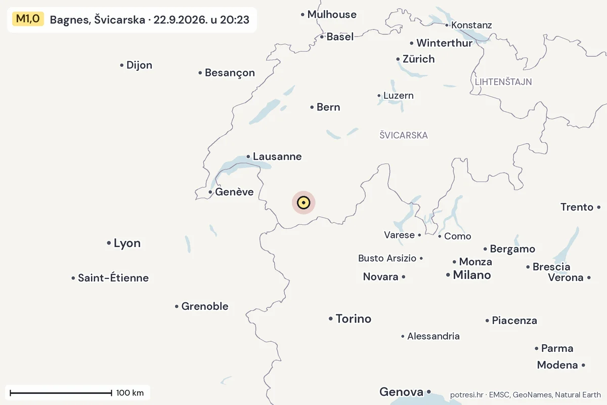 Karta: šire područje, 600 km, potres M1,0, Bagnes, Švicarska, 22.9.2026.