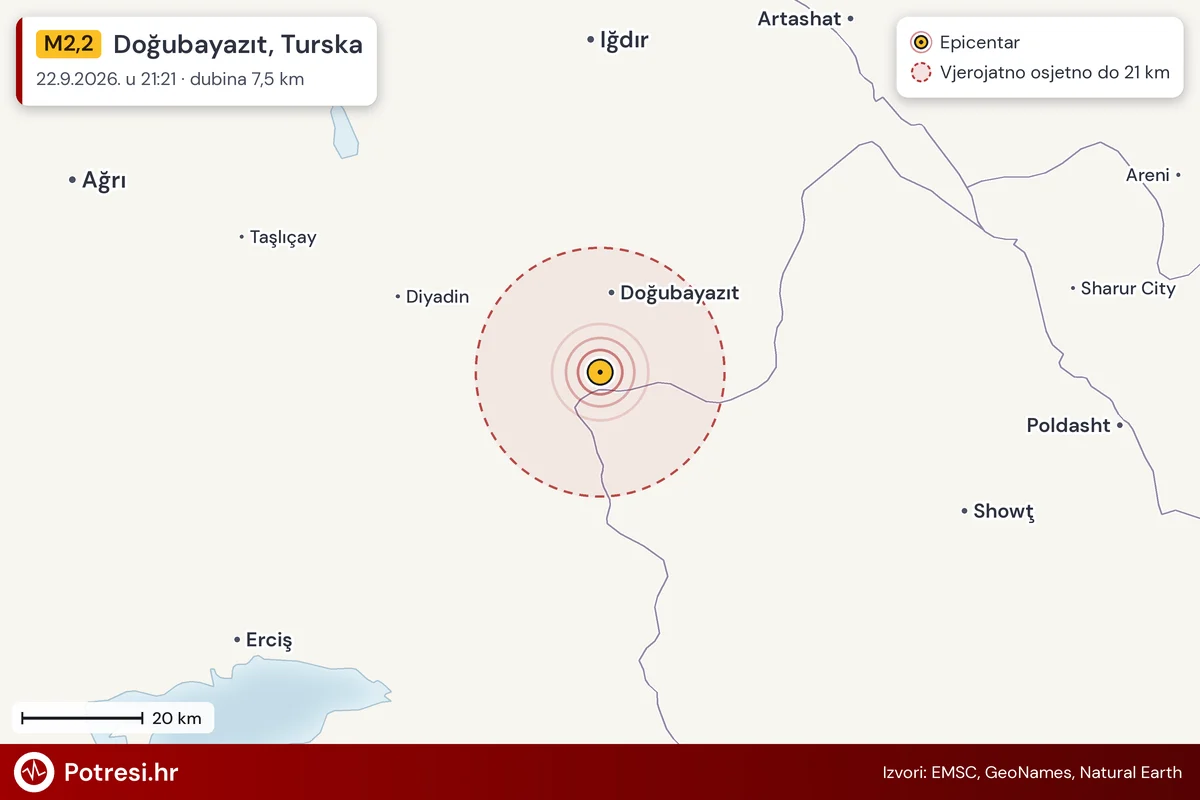 Karta: šire područje i vjerojatni doseg osjeta, potres M2,2, Doğubayazıt, Turska, 22.9.2026.