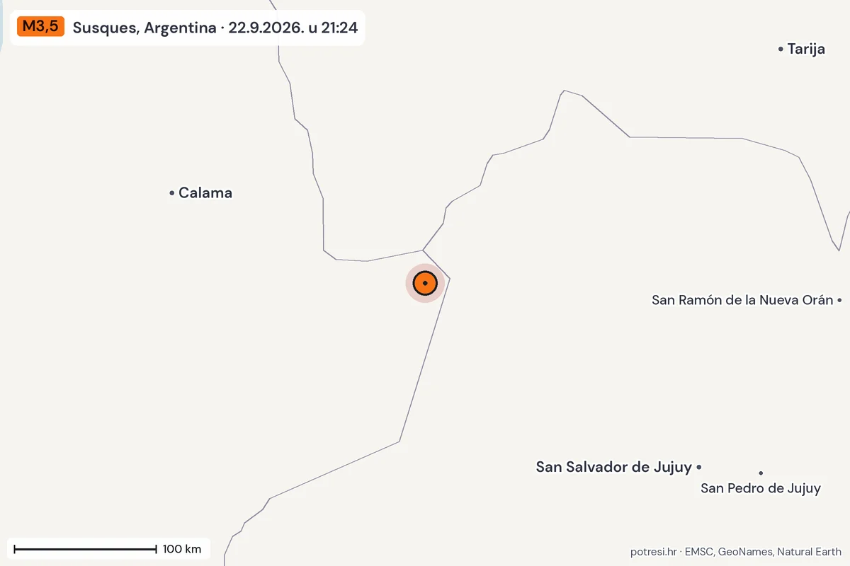 Karta: šire područje, 600 km, potres M3,5, Susques, Argentina, 22.9.2026.