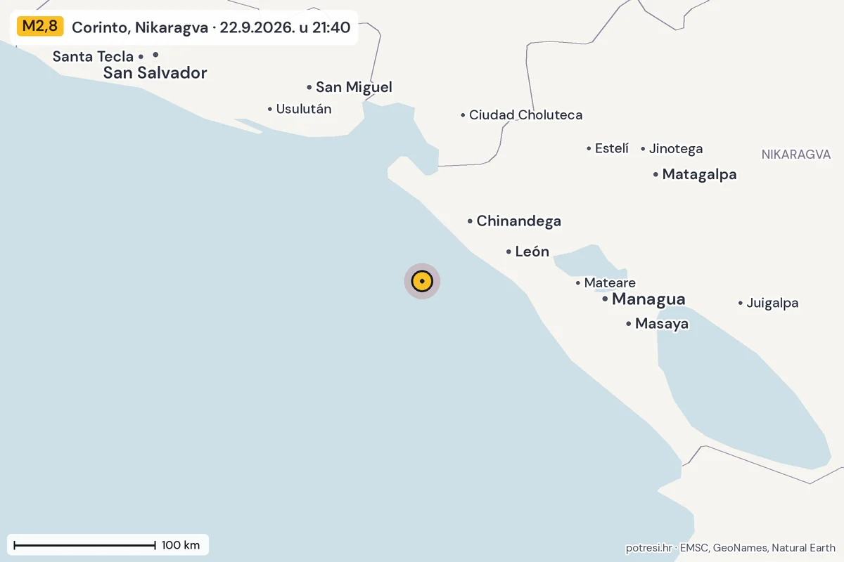 Karta: šire područje, 600 km, potres M2,8, Corinto, Nikaragva, 22.9.2026.