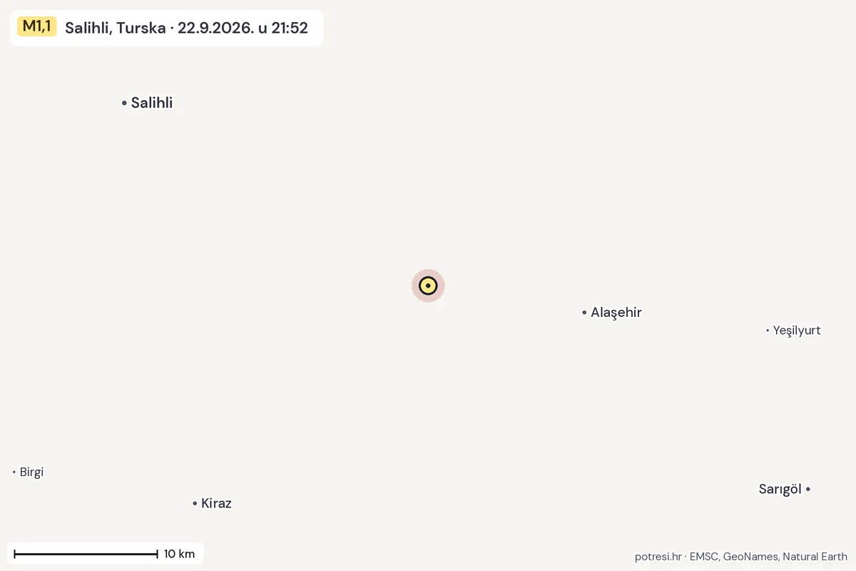 Karta: okolica epicentra, 60 km, potres M1,1, Salihli, Turska, 22.9.2026.
