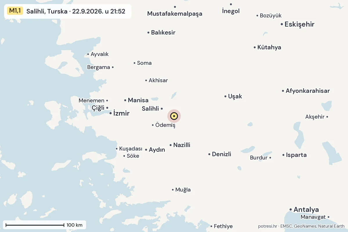 Karta: šire područje, 600 km, potres M1,1, Salihli, Turska, 22.9.2026.