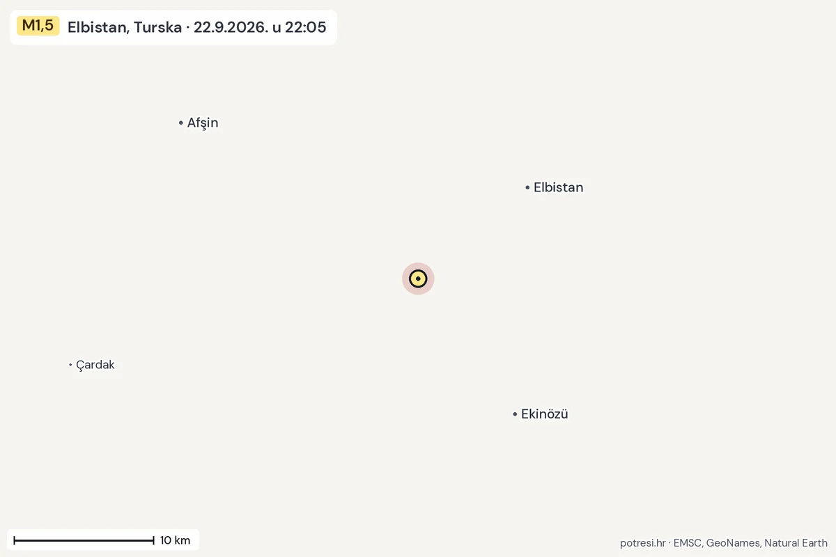 Karta: okolica epicentra, 60 km, potres M1,5, Elbistan, Turska, 22.9.2026.