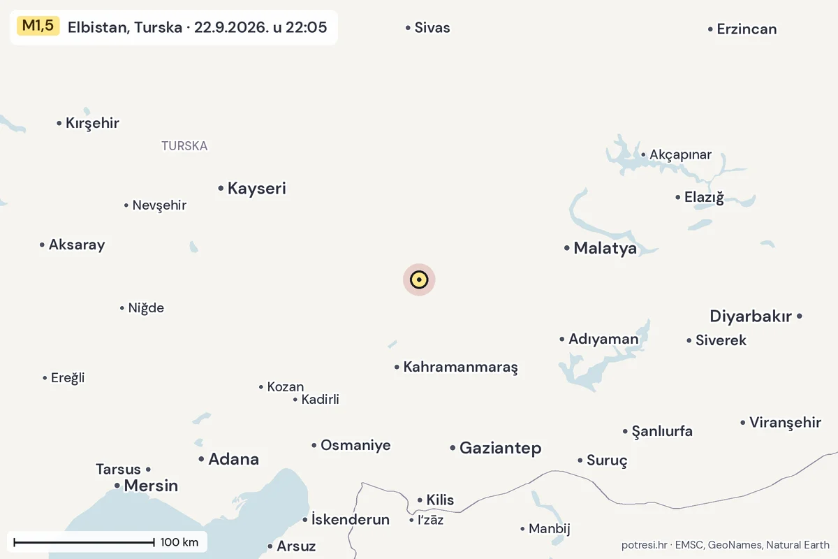 Karta: šire područje, 600 km, potres M1,5, Elbistan, Turska, 22.9.2026.