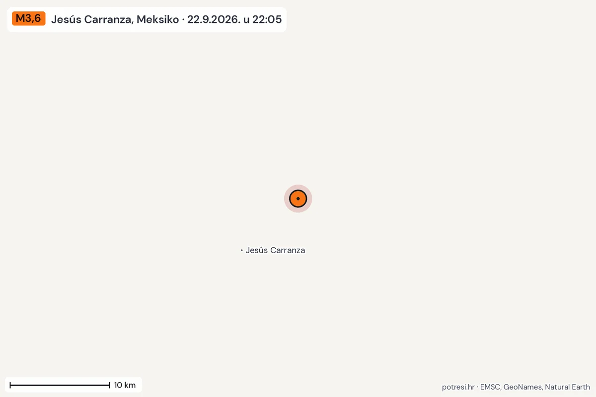 Karta: okolica epicentra, 60 km, potres M3,6, Jesús Carranza, Meksiko, 22.9.2026.
