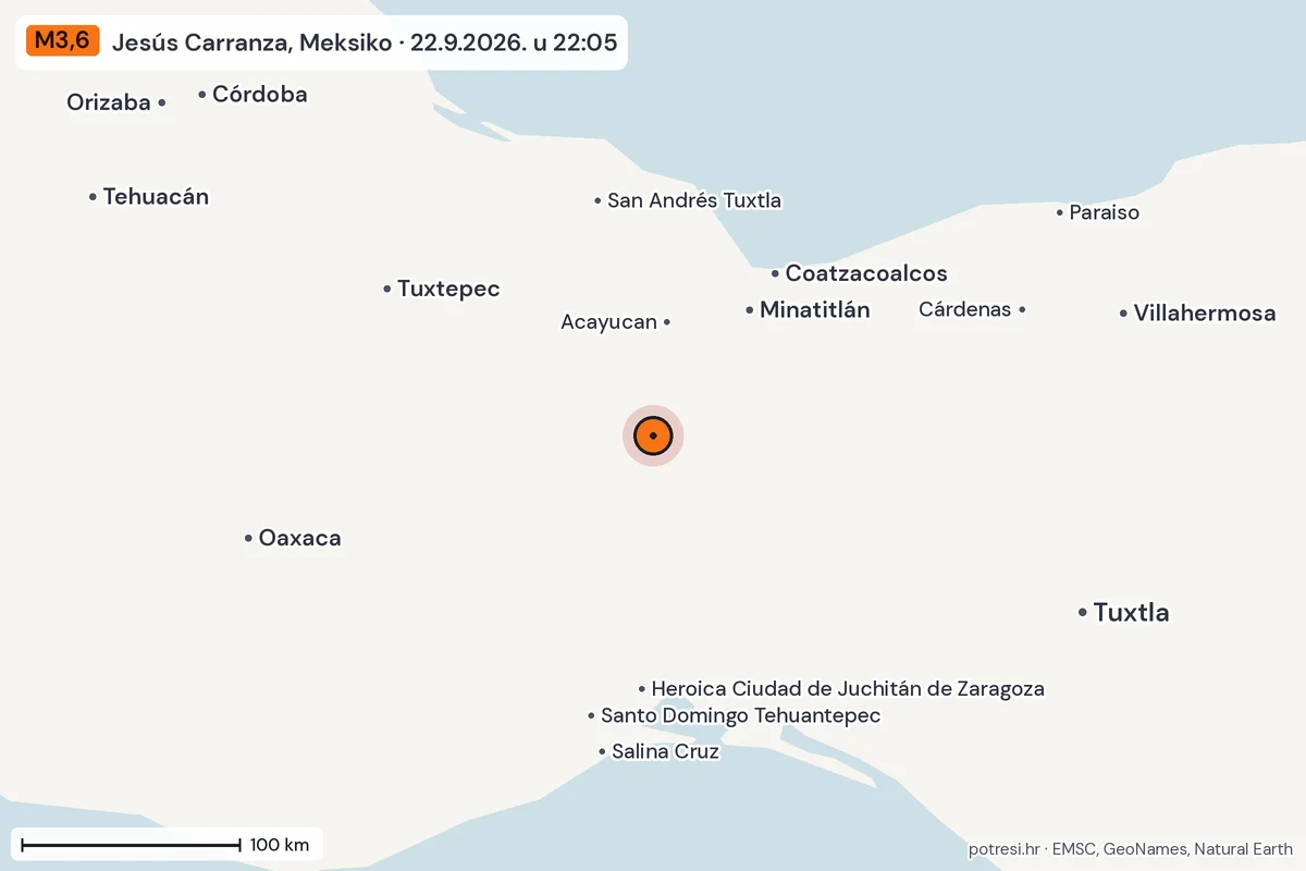 Karta: šire područje, 600 km, potres M3,6, Jesús Carranza, Meksiko, 22.9.2026.