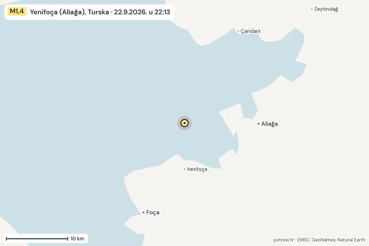 Karta: okolica epicentra, 60 km, potres M1,4, Yenifoça (Aliağa), Turska, 22.9.2026.