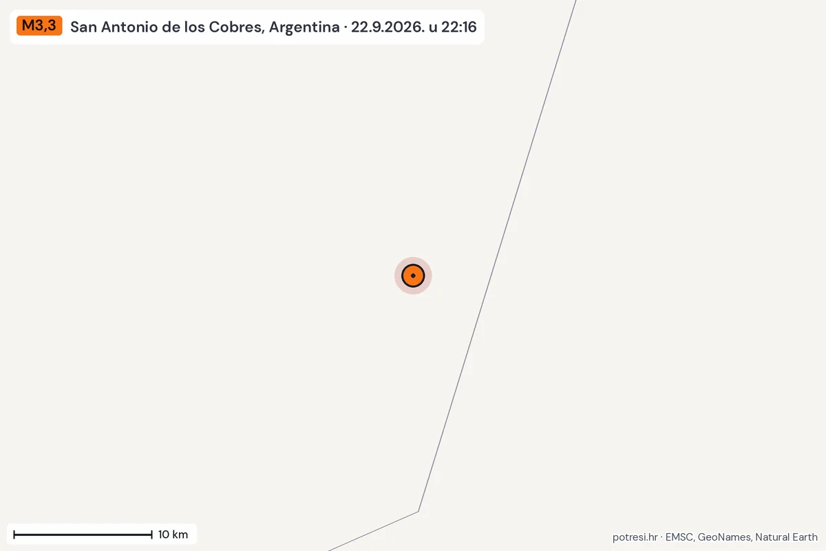 Karta: okolica epicentra, 60 km, potres M3,3, San Antonio de los Cobres, Argentina, 22.9.2026.