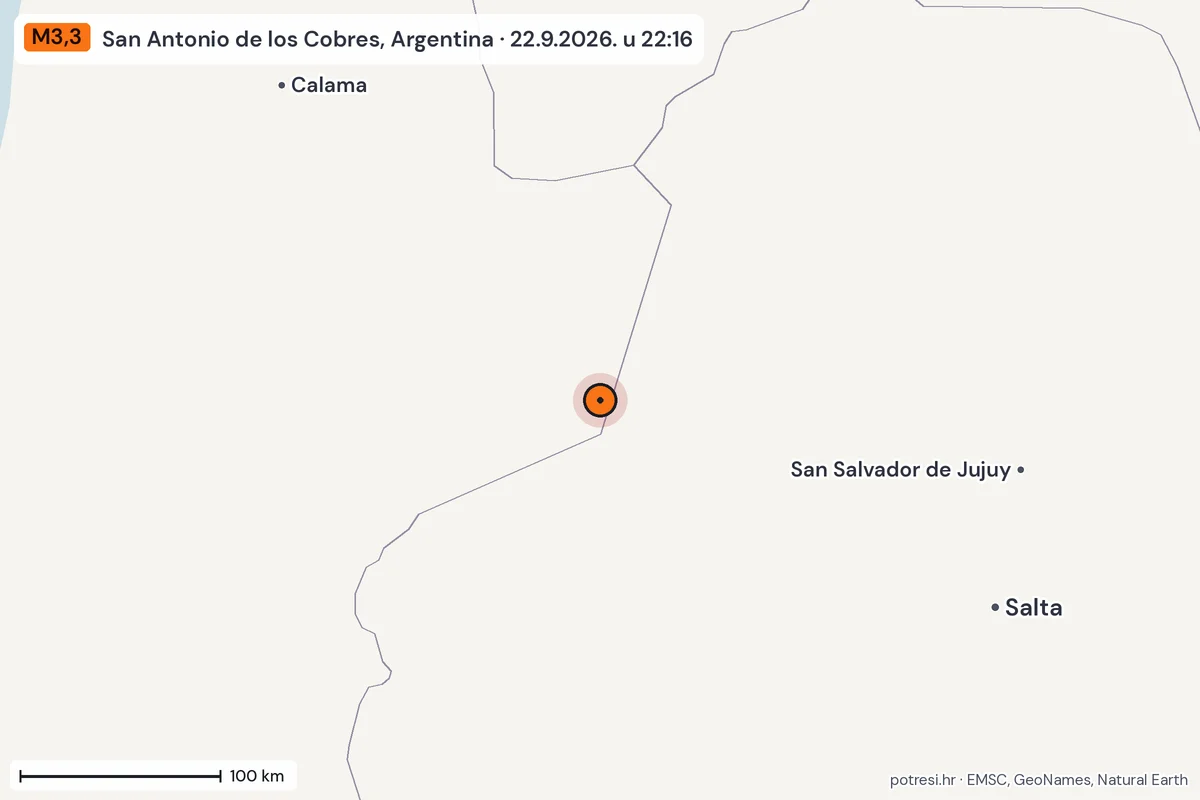 Karta: šire područje, 600 km, potres M3,3, San Antonio de los Cobres, Argentina, 22.9.2026.