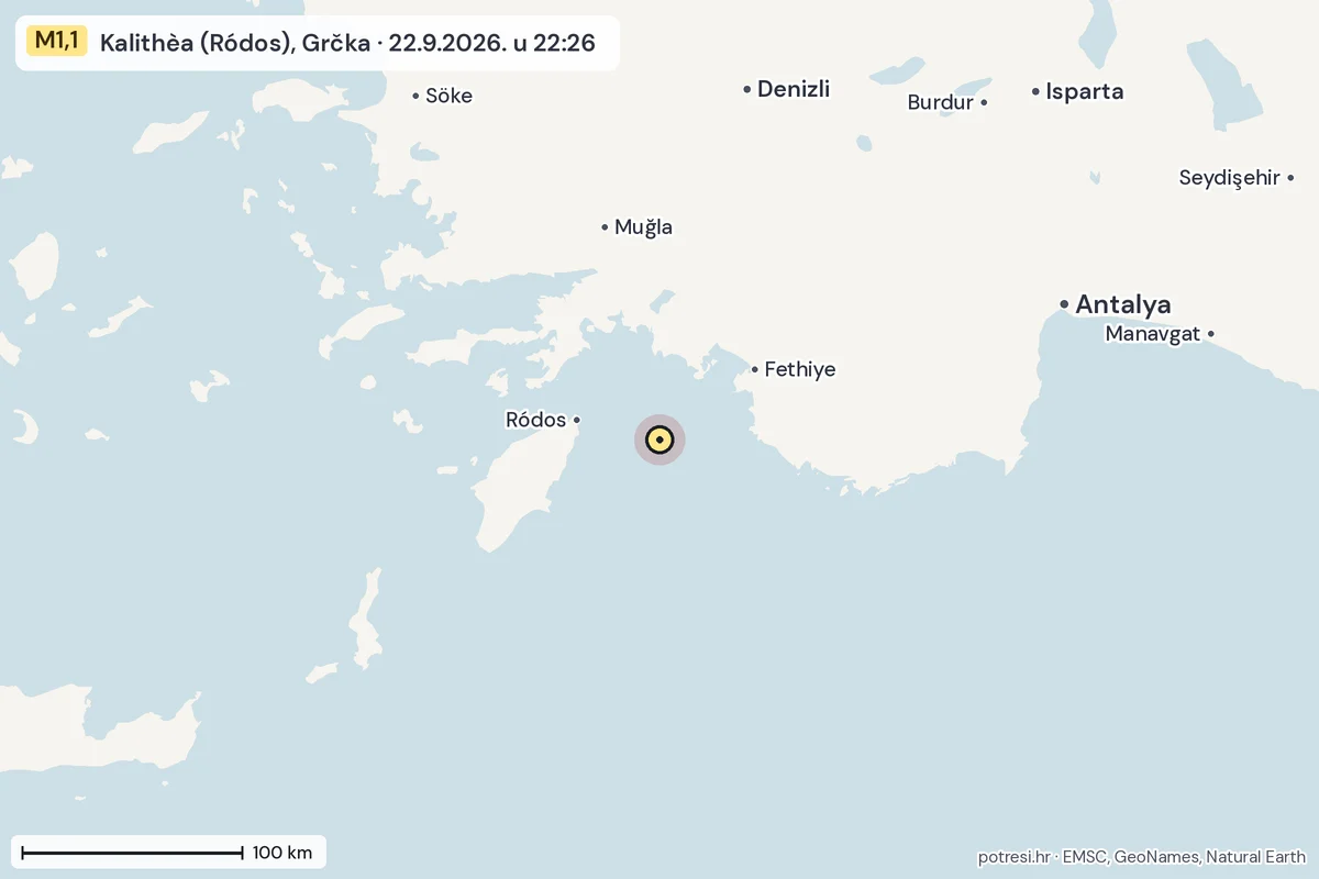Karta: šire područje, 600 km, potres M1,1, Kalithèa (Ródos), Grčka, 22.9.2026.