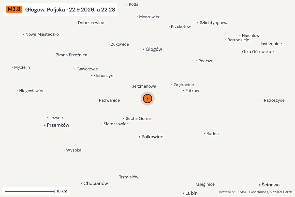 Karta: okolica epicentra, 60 km, potres M3,8, Głogów, Poljska, 22.9.2026.