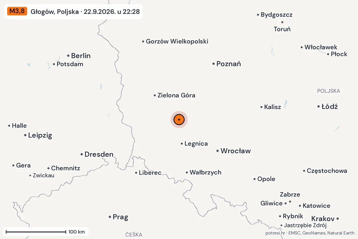 Karta: šire područje, 600 km, potres M3,8, Głogów, Poljska, 22.9.2026.