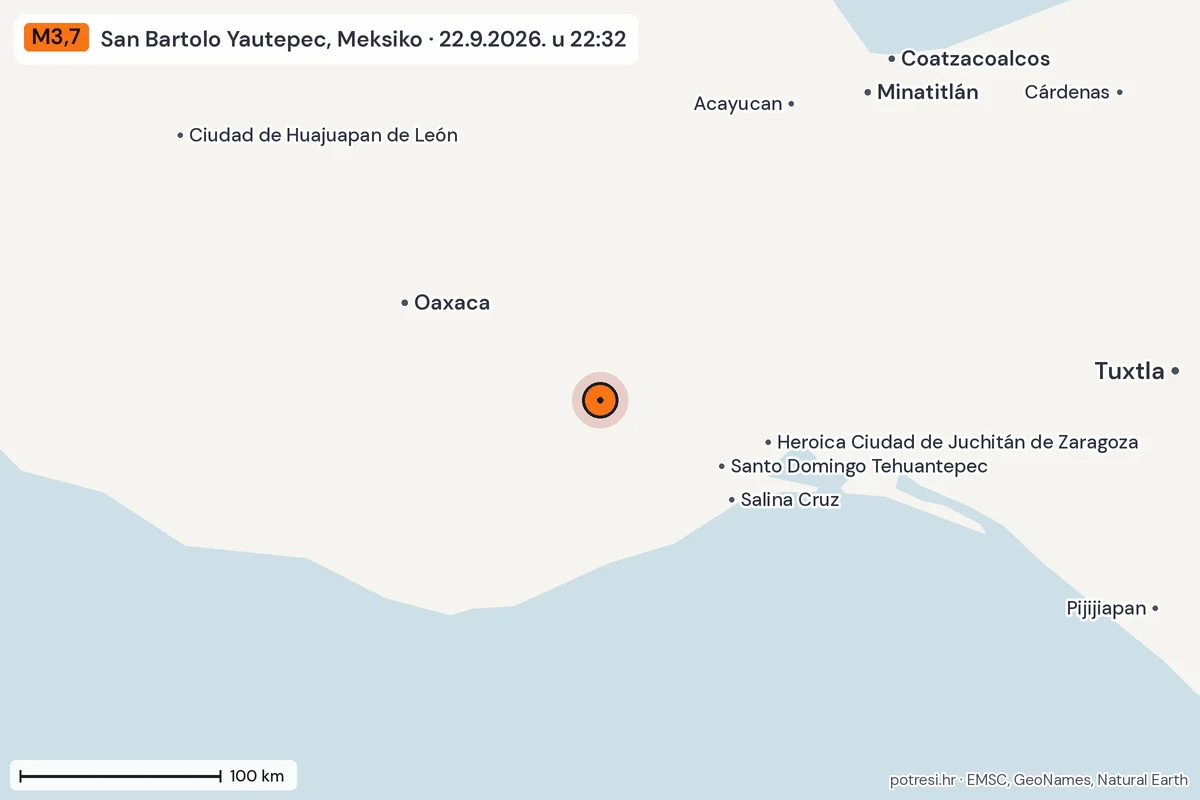 Karta: šire područje, 600 km, potres M3,7, San Bartolo Yautepec, Meksiko, 22.9.2026.