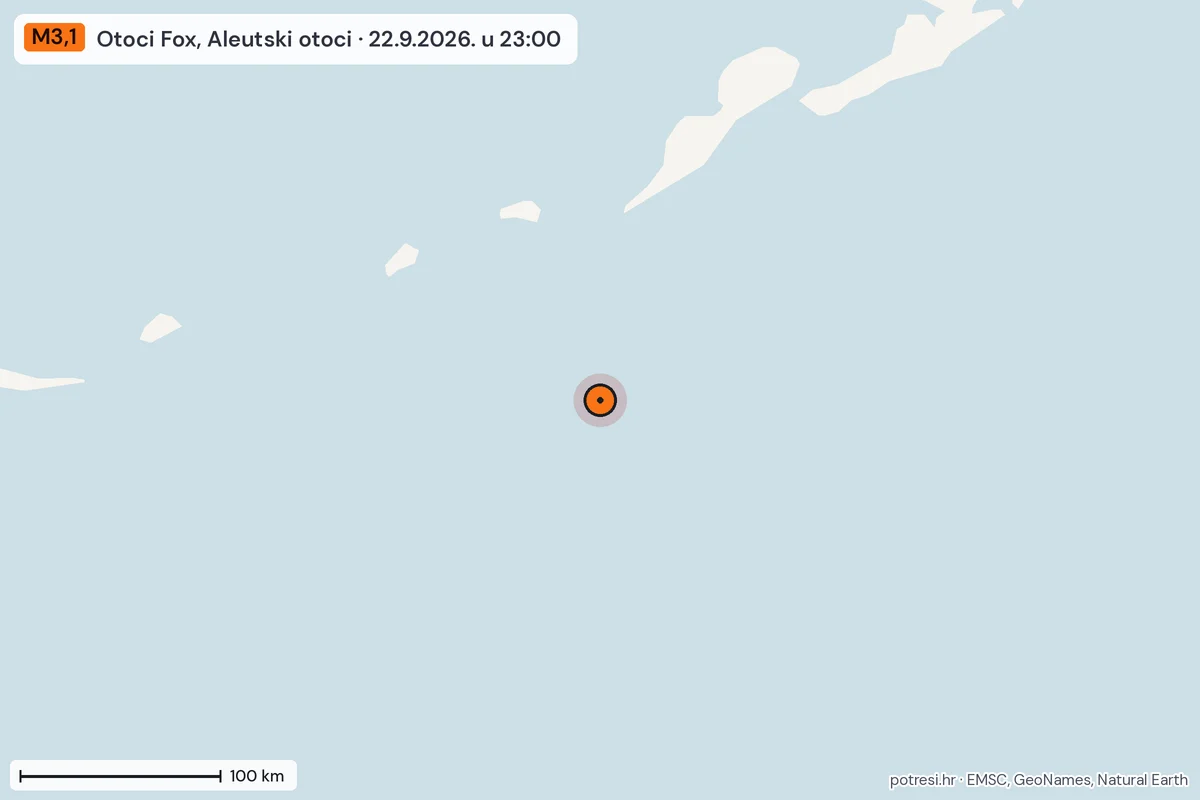 Karta: šire područje, 600 km, potres M3,1, Otoci Fox, Aleutski otoci, 22.9.2026.