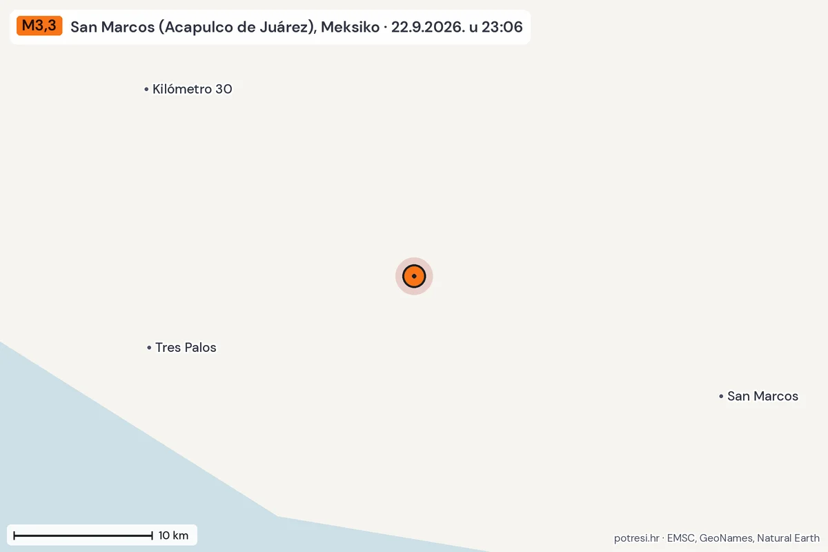 Karta: okolica epicentra, 60 km, potres M3,3, San Marcos (Acapulco de Juárez), Meksiko, 22.9.2026.