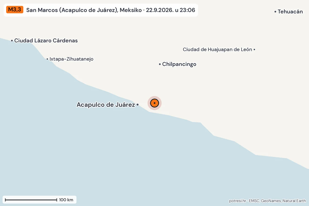 Karta: šire područje, 600 km, potres M3,3, San Marcos (Acapulco de Juárez), Meksiko, 22.9.2026.