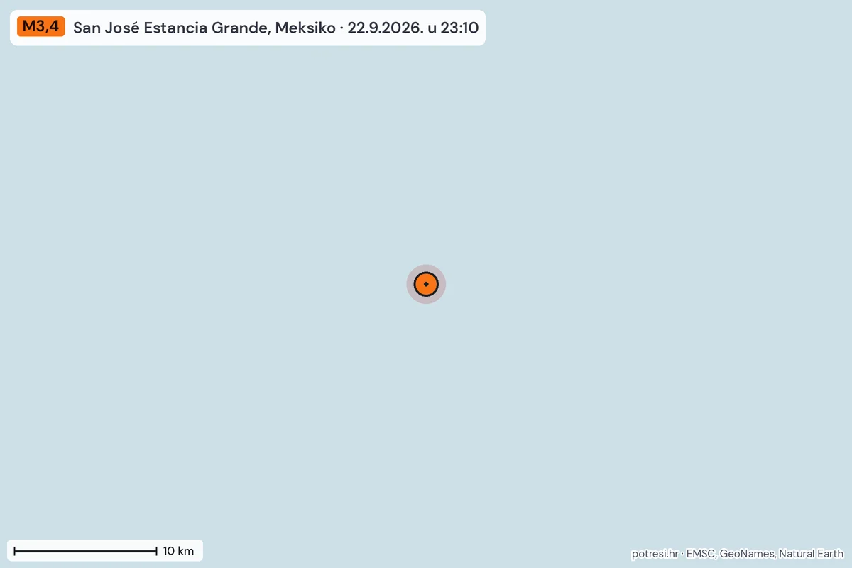 Karta: okolica epicentra, 60 km, potres M3,4, San José Estancia Grande, Meksiko, 22.9.2026.