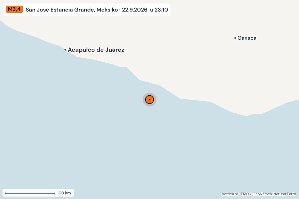 Karta: šire područje, 600 km, potres M3,4, San José Estancia Grande, Meksiko, 22.9.2026.