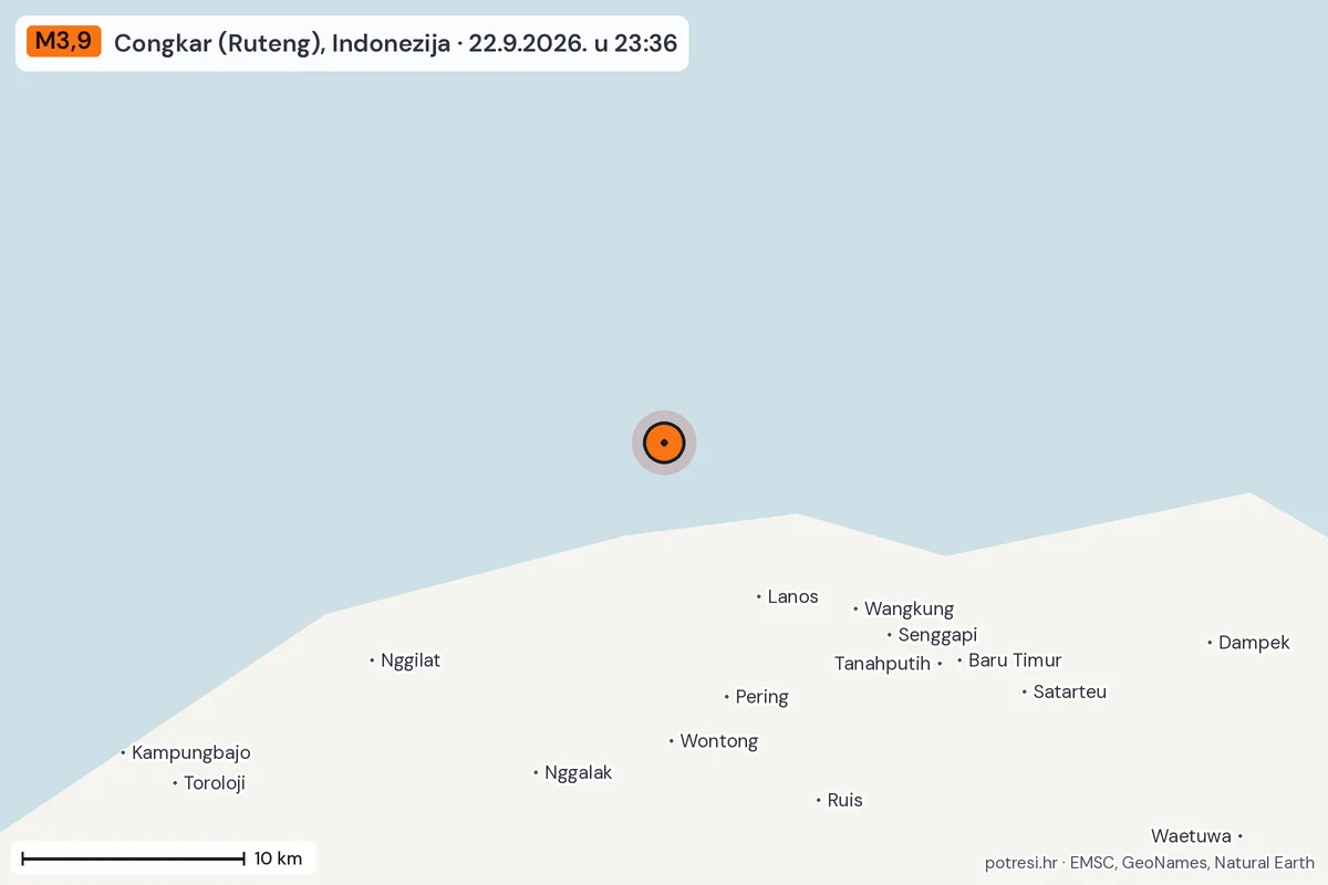 Karta: okolica epicentra, 60 km, potres M3,9, Congkar (Ruteng), Indonezija, 22.9.2026.