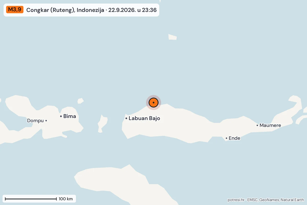 Karta: šire područje, 600 km, potres M3,9, Congkar (Ruteng), Indonezija, 22.9.2026.