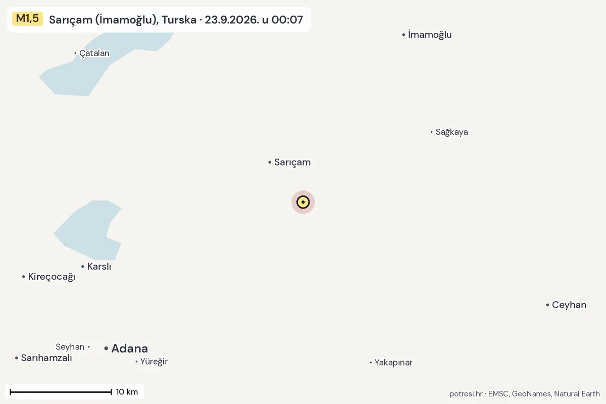 Karta: okolica epicentra, 60 km, potres M1,5, Sarıçam (İmamoğlu), Turska, 23.9.2026.