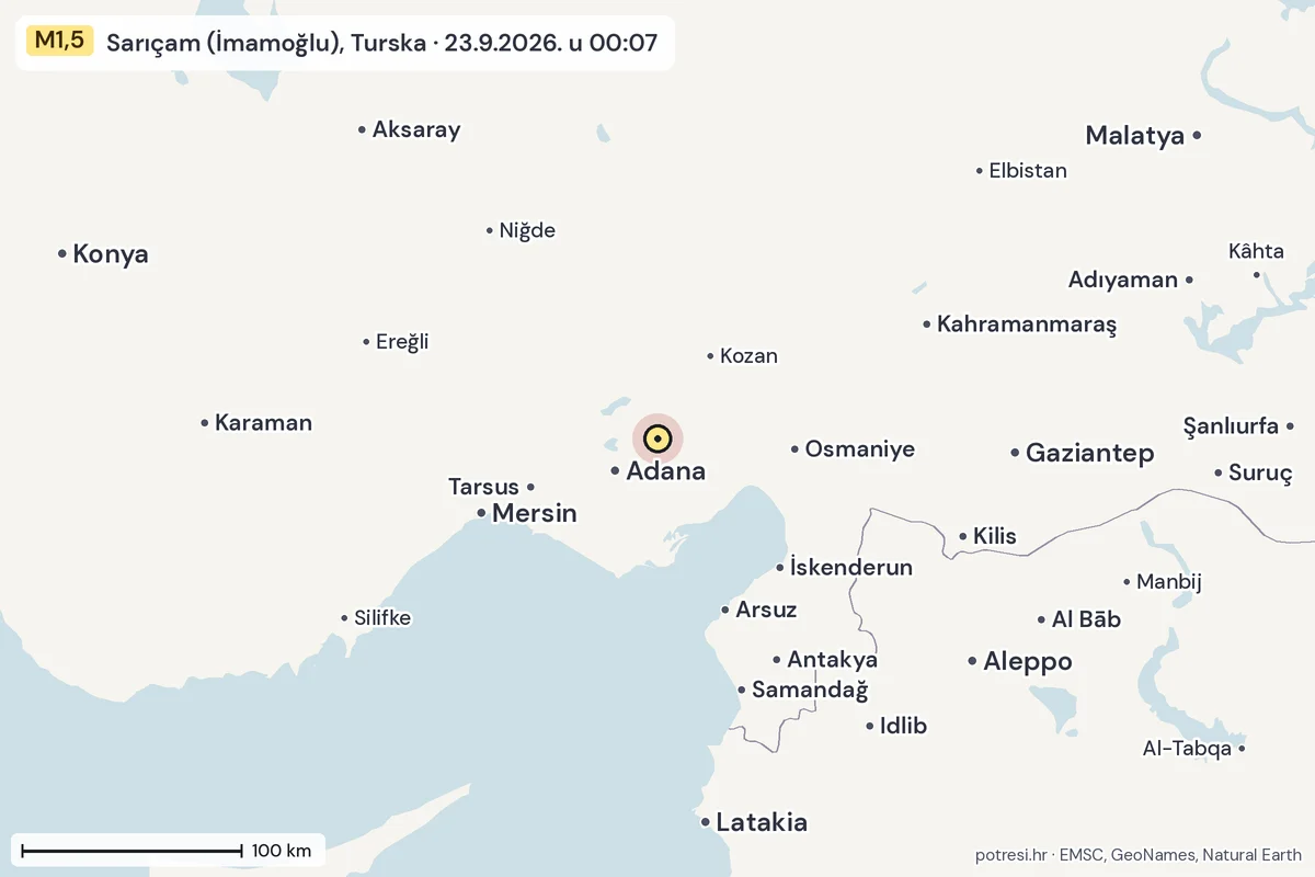 Karta: šire područje, 600 km, potres M1,5, Sarıçam (İmamoğlu), Turska, 23.9.2026.