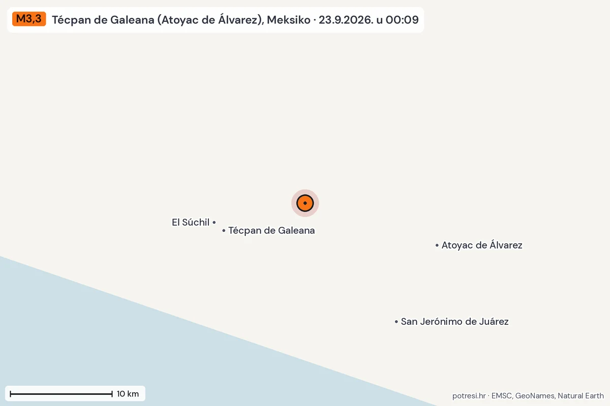 Karta: okolica epicentra, 60 km, potres M3,3, Técpan de Galeana (Atoyac de Álvarez), Meksiko, 23.9.2026.