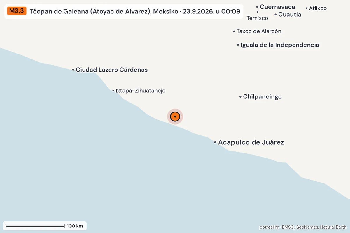 Karta: šire područje, 600 km, potres M3,3, Técpan de Galeana (Atoyac de Álvarez), Meksiko, 23.9.2026.