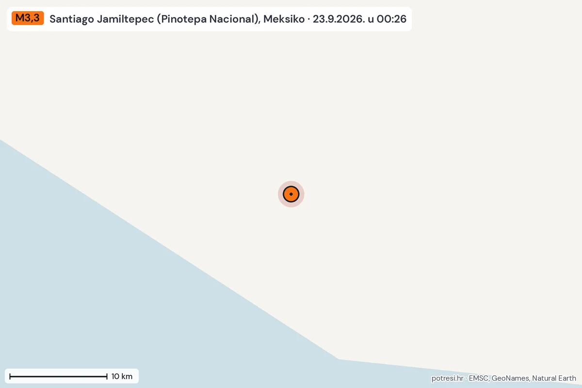 Karta: okolica epicentra, 60 km, potres M3,3, Santiago Jamiltepec (Pinotepa Nacional), Meksiko, 23.9.2026.
