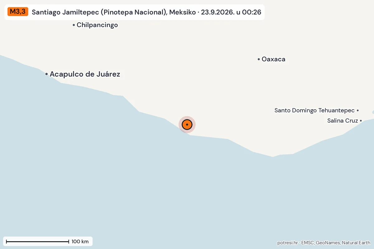 Karta: šire područje, 600 km, potres M3,3, Santiago Jamiltepec (Pinotepa Nacional), Meksiko, 23.9.2026.