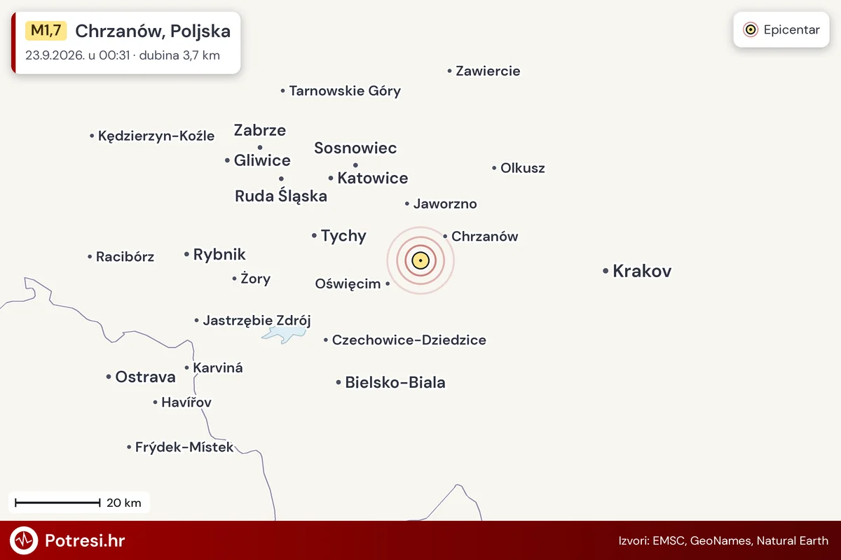 Karta: šire područje i vjerojatni doseg osjeta, potres M1,7, Chrzanów, Poljska, 23.9.2026.