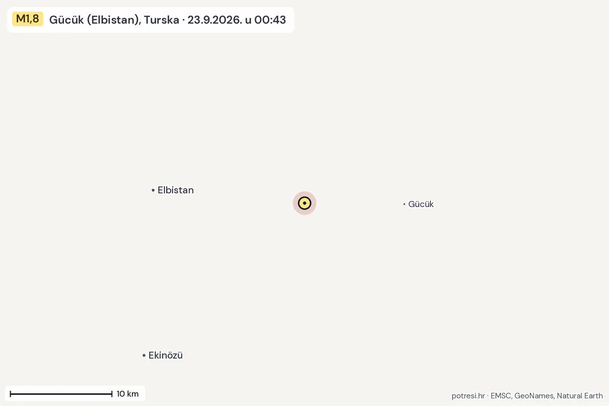 Karta: okolica epicentra, 60 km, potres M1,8, Gücük (Elbistan), Turska, 23.9.2026.