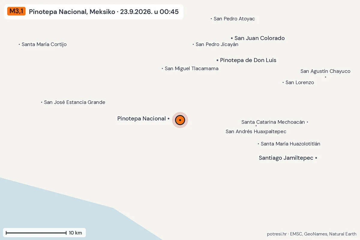Karta: okolica epicentra, 60 km, potres M3,1, Pinotepa Nacional, Meksiko, 23.9.2026.