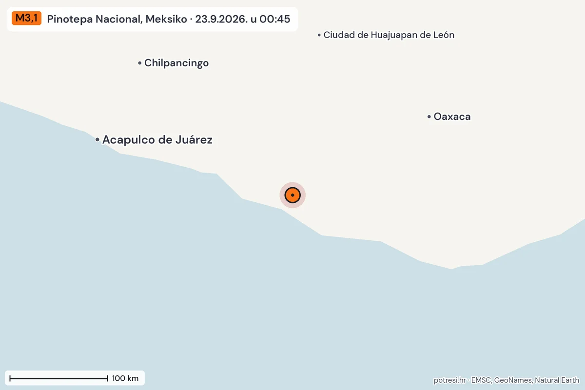 Karta: šire područje, 600 km, potres M3,1, Pinotepa Nacional, Meksiko, 23.9.2026.